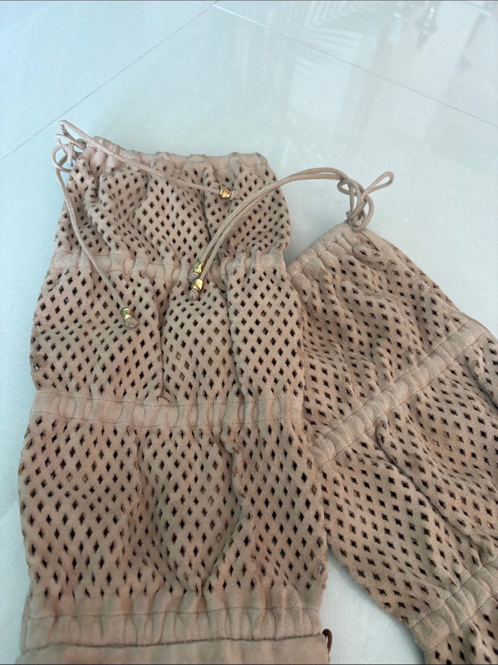 Roberto Cavalli Taupe Suede Perforated Drawstring Knee Boots - Picture 4 of 5